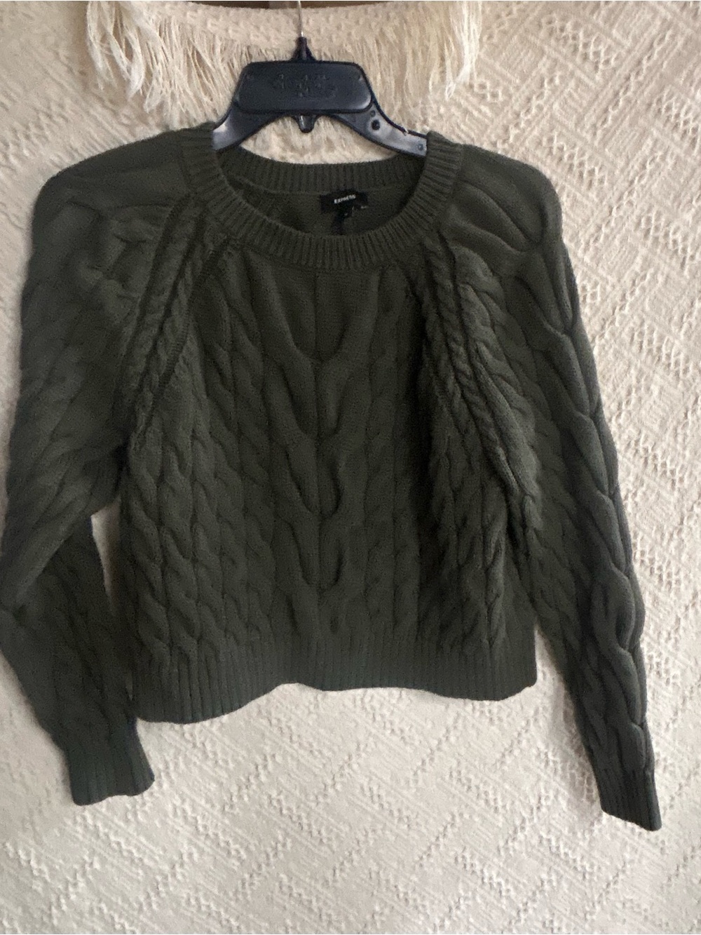 Express Cotton Olive Cable Knit cropped Crewneck Sweater